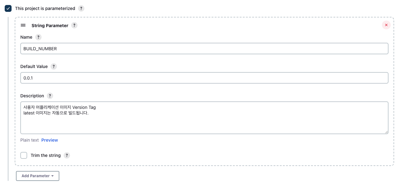 실행 작업의 도커 이미지 버전 Tagging을 위한 파라미터 지정 화면