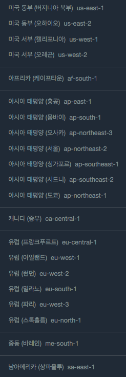 AWS 클라우드 리전 목록